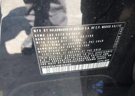 2019 Volkswagen Tiguan 2.0T Se/2.0T Sel/2.0T Sel R-Line/2.0T Sel R-Line Black from USA, damaged, VIN 3VV2B7AX1KM150482